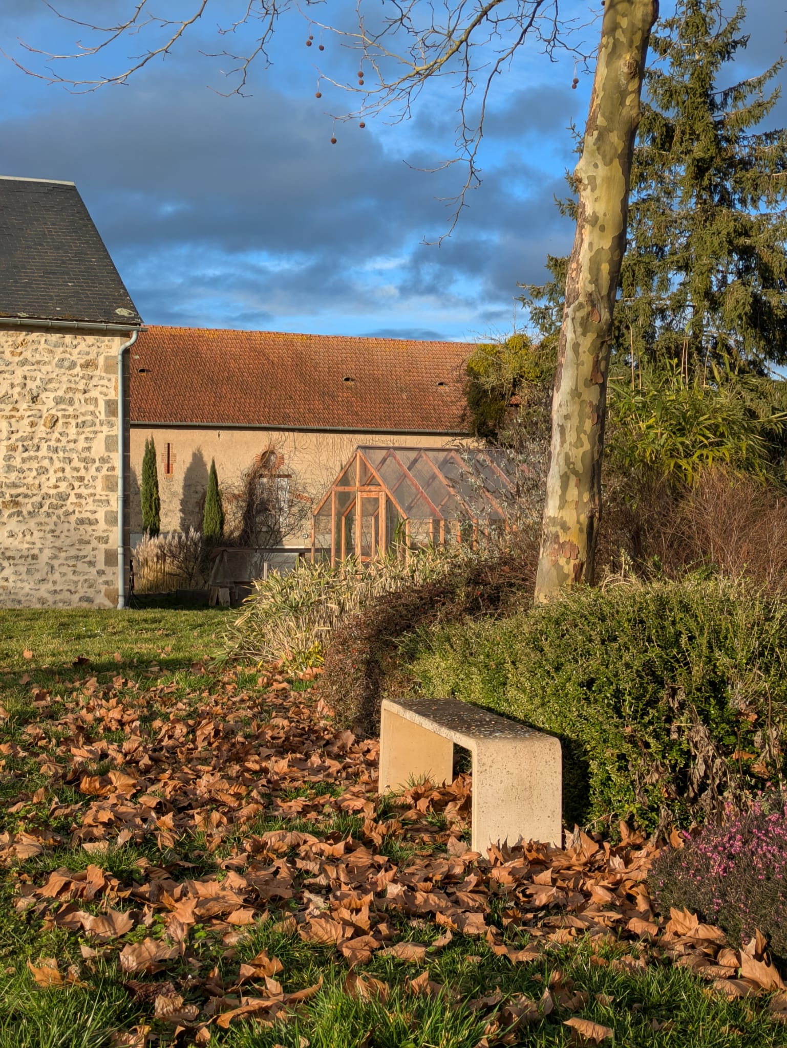 Couleurs d'automne en Bourgogne ;Banc ton pierre ; banc en béton dans le jardin ; banc en Bourgogne ; teintes d'automne ; banc extérieur ; banc permanent ; banc résistant au gel ; mobilier permanent ; mobilier artisanal ; mobilier original ; banc de jardin contemporain ; le béton au jardin ; modernité dans le jardin ; oser la modernité dans le jardin ; contraste ancien moderne ; des couleurs d'automne dans le jardin ; les matières qui s'accordent dans le jardin ; l'équilibre parfait dans le jardin ; équilibre nature bâti ancien et mobilier ;  nature morte dans le jardin ; mon jardin est un tableau ; peindre mon jardin ; l'équilibre parfait